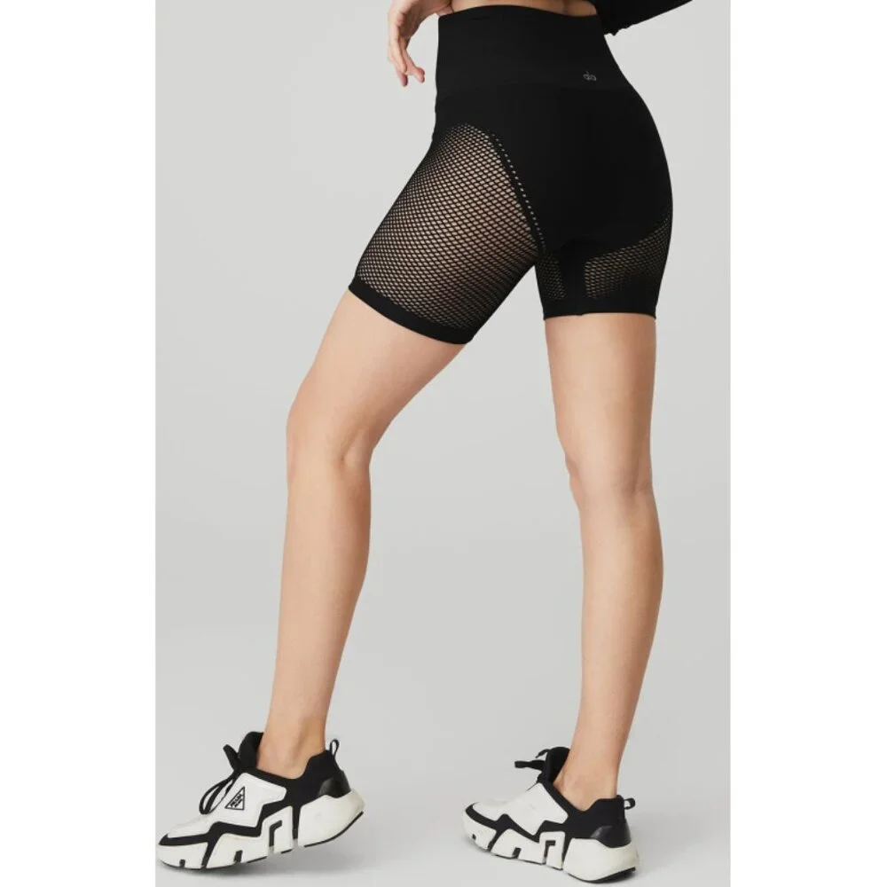 Alo Seamless High-Waist Limitless Open Air Shorts Black Edgy Sheer Mesh Cut-Outs